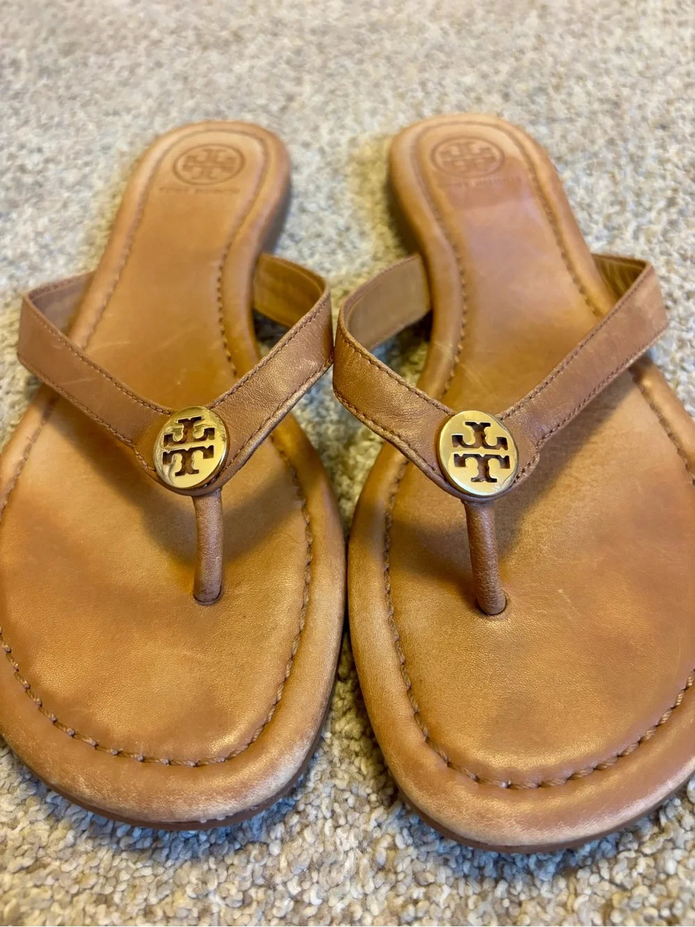 Tory Burch Tan Leather Logo Thong Sandals